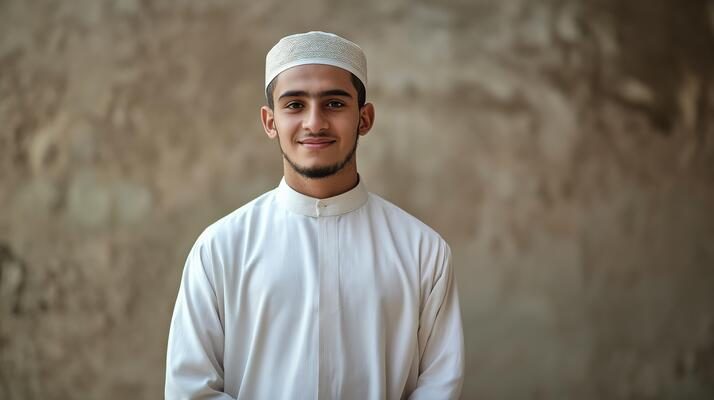 young-sunni-muslim-cleric-smiling-confidently-in-traditional-white-attire-against-rustic-background-photo